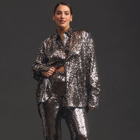 Anthropologie Good American Sequin Party Buttondown Shirt S carbon color nwt - Picture 1 of 11